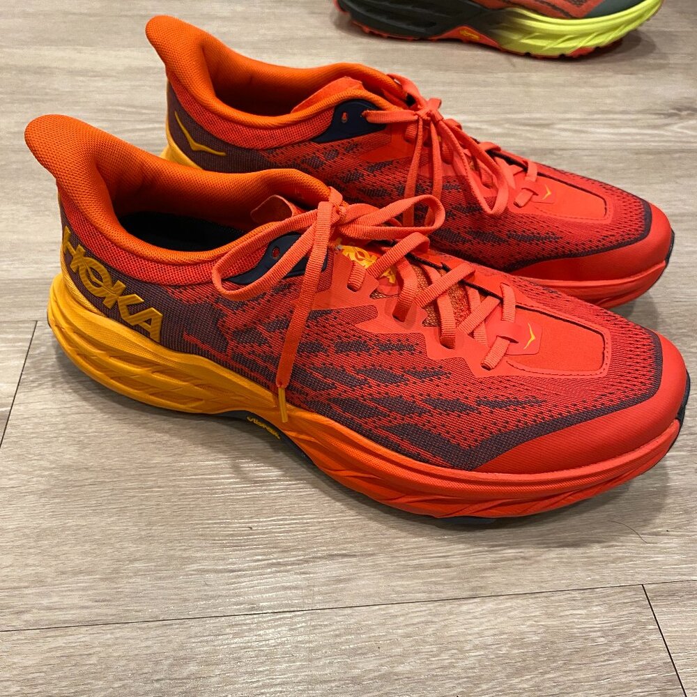 Size 11.5 2E - Hoka One One Speedgoat 5 Fiesta Radiant Yellow Running Hike Shoes